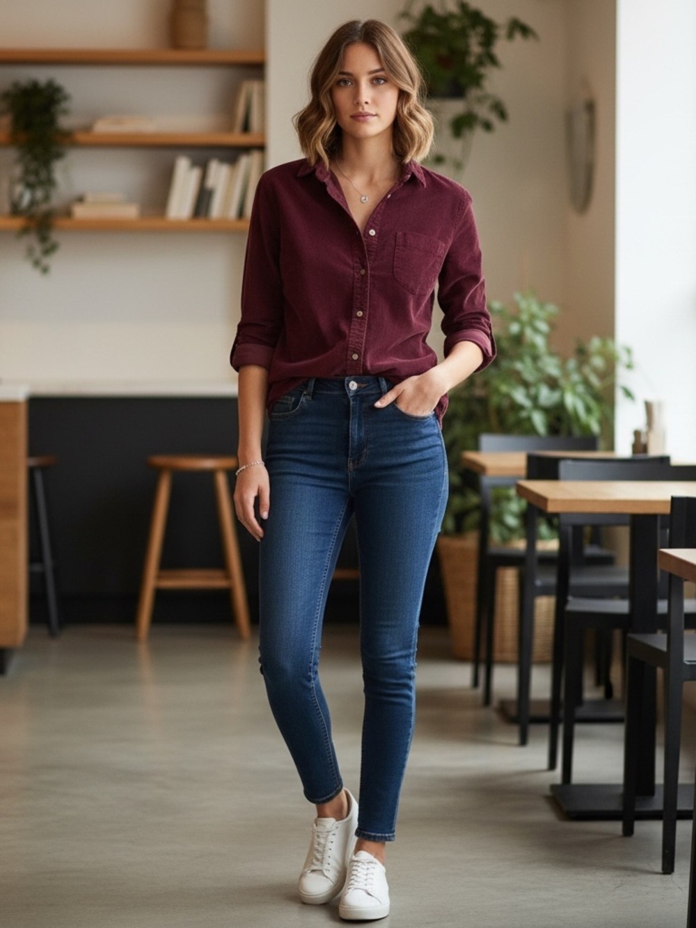 Jachs Girlfriend Classic corduroy Button-Down Shirt Jacket in Deep Burgundy - Picture 2 of 6